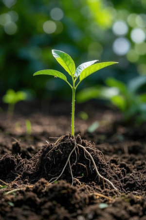 Green seedling growing on fertile soil in the morning with sunlight.の素材