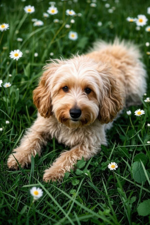 Cute puppy on the grass with daisies in the parkの素材