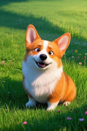 Cute Welsh Corgi Pembroke dog sitting on the green grassの素材