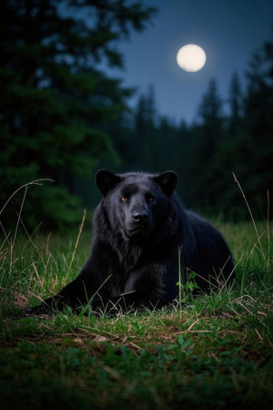 Black bear in the forest at night with full moon in the backgroundの素材