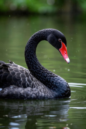 Black swan swimming on a lake with water drops in the backgroundの素材
