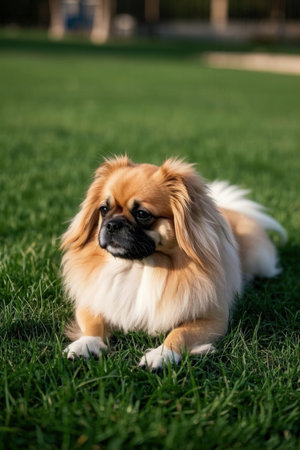 Pekingese dog sitting on the grass and looking at the cameraの素材