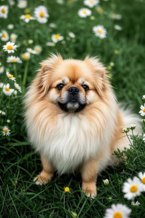 Pomeranian dog on the green grass with daisies.の素材