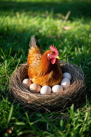 Chicken in nest with eggs on green grass background. Rural scene.の素材