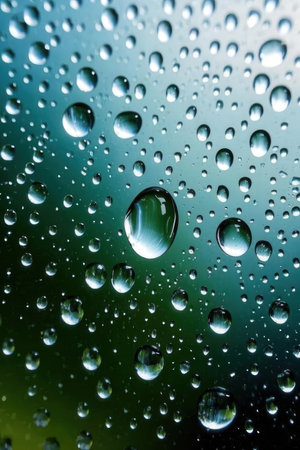 Water drops on glass with green background. Shallow depth of field.の素材