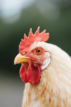Portrait of a rooster on a blurred background. Close-up.の素材