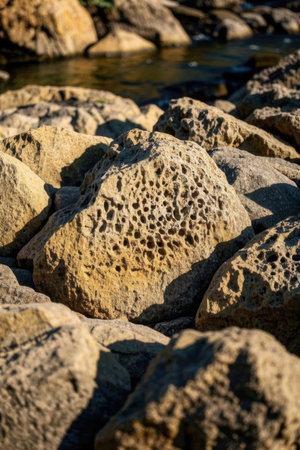 Close-up of rocks on the beach in the evening light.の素材
