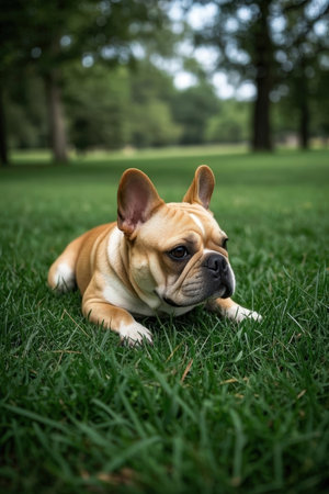 French bulldog lying on the grass in the park and looking at the cameraの素材