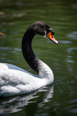 Swan swimming on the lake in summer. Mute swanの素材