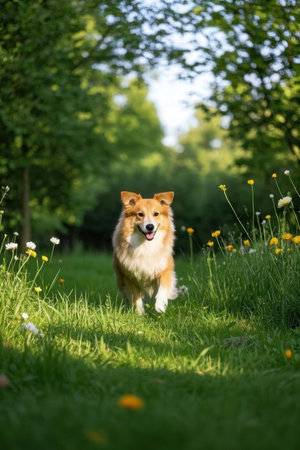 Red shetland sheepdog runs on the green grass in summerの素材