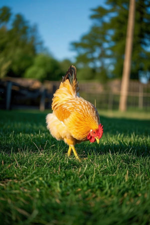 A rooster is walking on the green grass in the garden.の素材