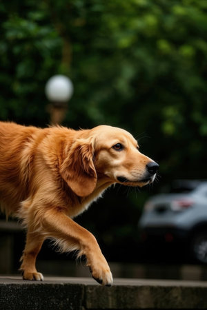Golden Retriever dog on the street. Selective focus.の素材