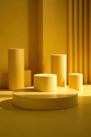 3d render of abstract geometric forms. Glossy yellow podium for product presentation.の素材