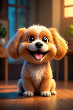 Cute dog with big eyes sitting on the floor at home.の素材