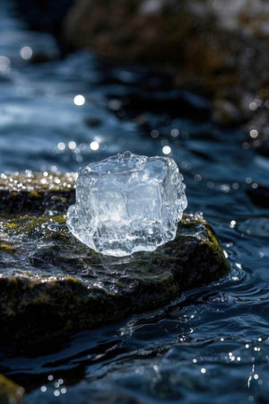 Ice cube on a rock in the water of a lake in Icelandの素材
