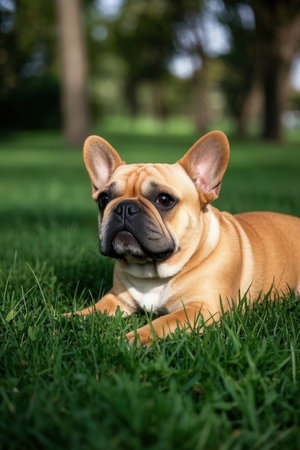 French bulldog lying on the grass in the park and looking at the cameraの素材