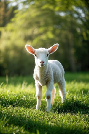 Cute little lamb standing on green grass in spring field. Springtime.の素材