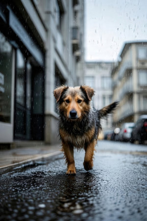 Dog on the street in rainy day. Shallow depth of field.の素材