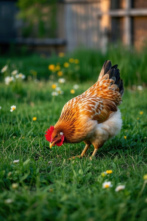 chicken walking on the green grass in the village in the summerの素材