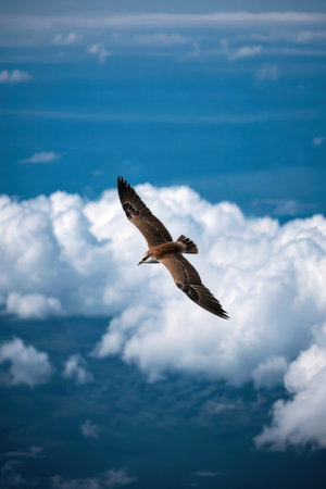 Seagull flying on the blue sky with clouds in the backgroundの素材