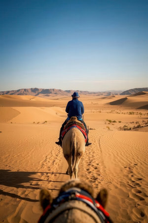 A man rides a camel through the Sahara desert. Morocco. Africa.の素材
