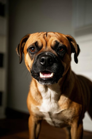 boxer dog looking at the camera with an open mouth on a dark backgroundの素材