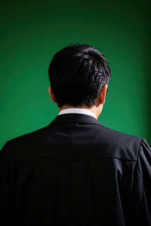 Back view of young man in a black robe on a green backgroundの素材