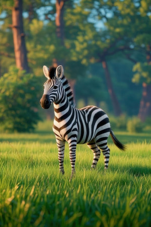 Zebra in the green field at sunset. Animal in nature.の素材