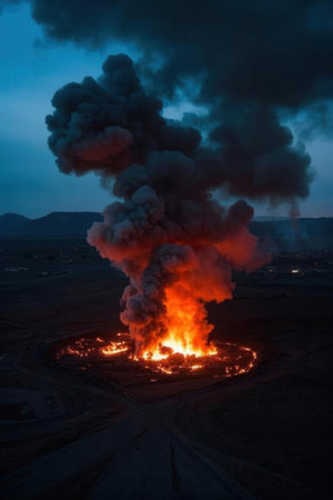 Aerial view of a huge fire in the field at night.の素材