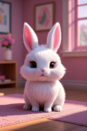 Cute little white rabbit sitting on the floor in the room.の素材