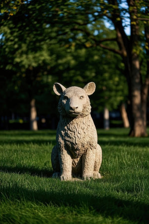 Sheep statue in the park on sunny summer day. Shallow depth of fieldの素材