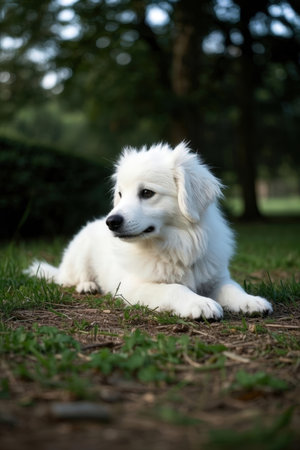 White Swiss Shepherd puppy sitting on the grass in the park. Selective focusの素材
