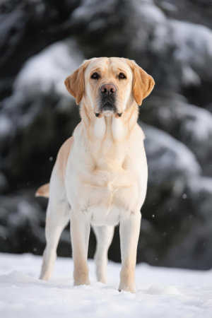 Labrador retriever in the snow on a background of a winter forestの素材
