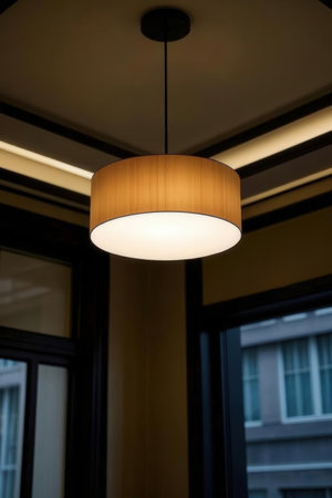 Lamp on the wall of the building. Lighting equipment in the cafe.の素材