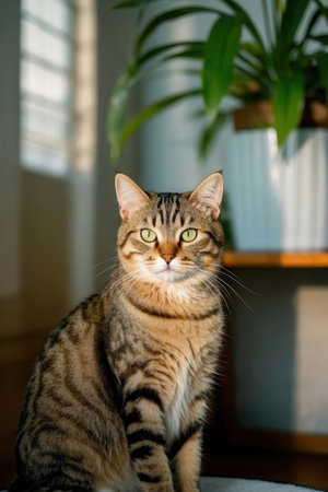 Portrait of a beautiful tabby cat with green eyes sitting on a chairの素材