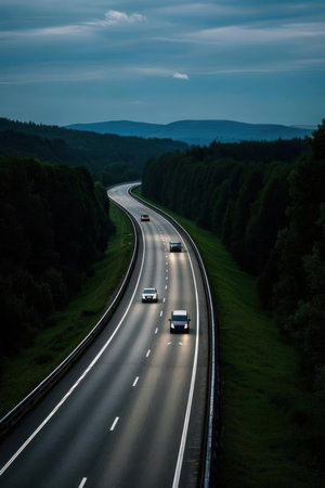 Highway in Germany with cars on the road. Evening time.の素材