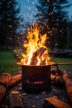 Cooking in a cauldron on a fire in the forest.の素材