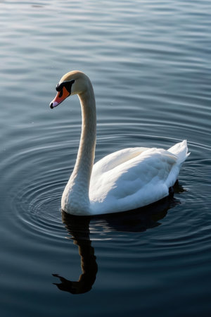 swan on blue lake water in sunny day, swans on pond, nature seriesの素材