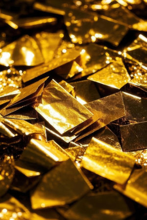 Shiny gold foil background. Shallow depth of field. Toned.の素材