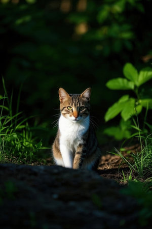 Domestic cat sitting on the ground in the garden. Selective focus.の素材