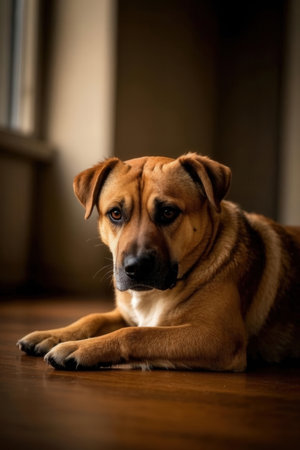 Portrait of a cute mixed breed dog lying on the floor.の素材