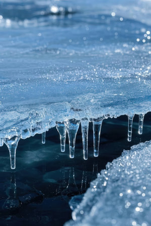 Icicles on the ice surface of Lake Baikal, Siberia, Russiaの素材