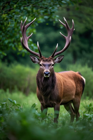 Red deer stag with large antlers in velvet standing in the forest.の素材