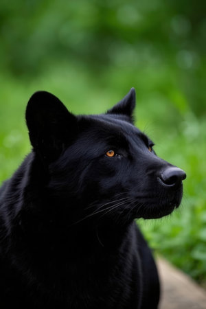 Black dog on a green meadow. Selective focus on eyes.の素材