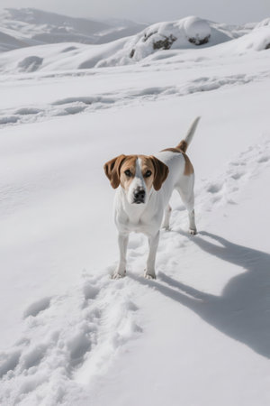 Jack Russell Terrier standing in the snow and looking at the cameraの素材