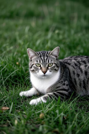 Beautiful european shorthair cat lying on the green grassの素材