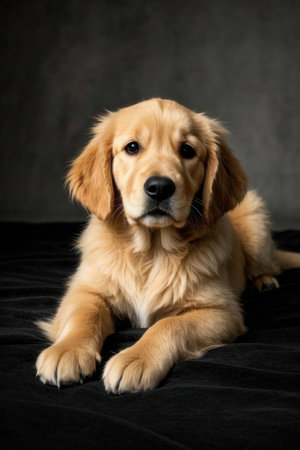 Cute Golden Retriever puppy lying on a black background.の素材