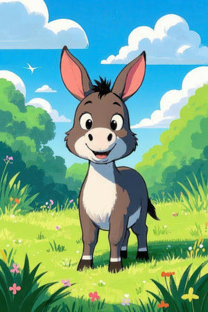 Cartoon donkey in the meadow. Vector illustration for children.の素材