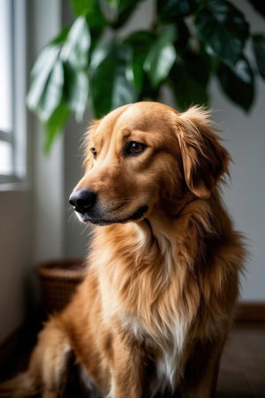 Portrait of a golden retriever dog sitting on the windowsillの素材