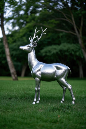 Deer statue in a park with trees and grass in the backgroundの素材